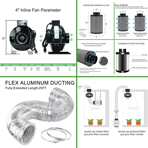 Inline Fan Filter Duct Combo + Hangers + Hygrometer + Shears + 24-hour Timer + Trellis Netting Indoor Grow Tent Complete Kit