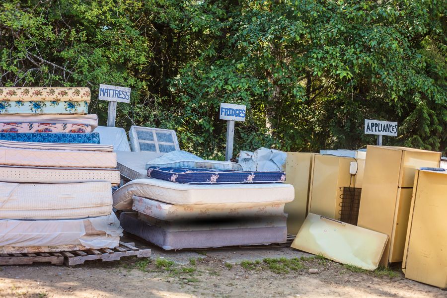 Old mattresses and appliances arranged in a dump