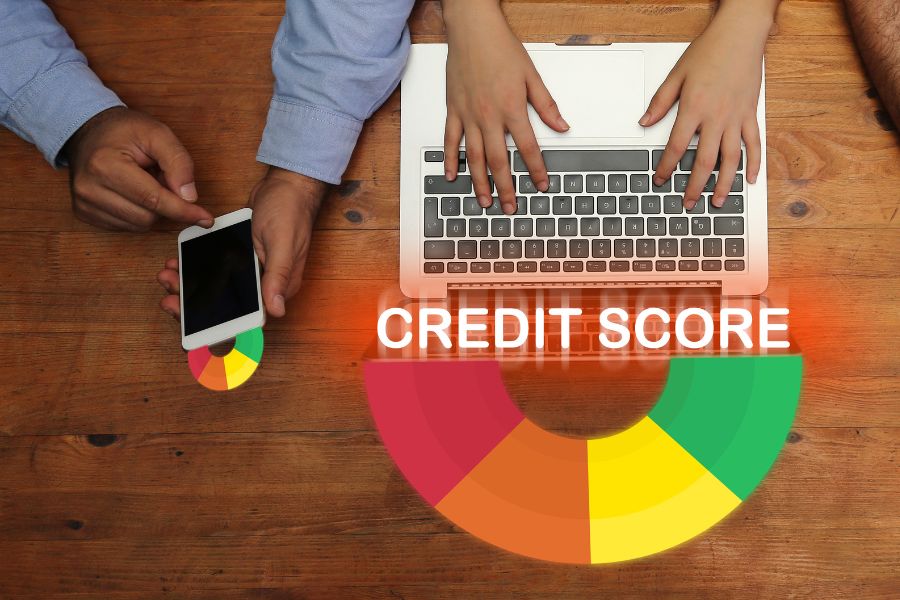 People using devices checking credit score